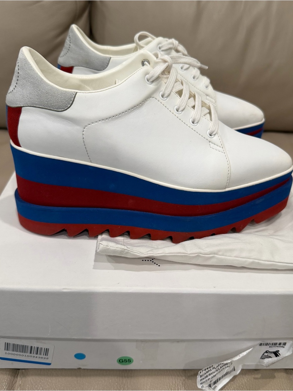 Stella McCartney White Lace-Up Platform Sneakers with Blue and Red Sole